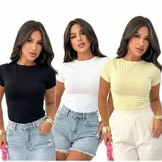 Kit 3 Blusas Femininas Suplex Alta Compressão Manga Curta Justinha Básica Slim Fit  Moda Casual e Confortável