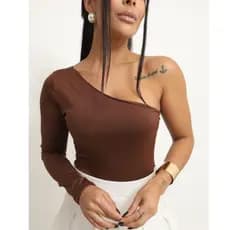 Body Feminino Ombro Só Manga Longa Suplex com Lycra Moda Inverno Elegante Ajustado