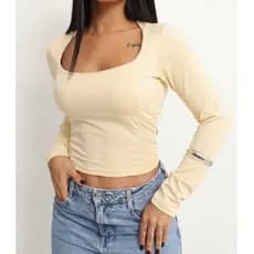 Blusa De Frio Feminina Manga Longa Halter Ajustada Decote Quadrado Moda Elegante Tendência Inverno