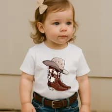 Camiseta Infantil Country Estampa Bota e Chapéu Feminina Menina Manga Curta Moça Menina Escola Roça