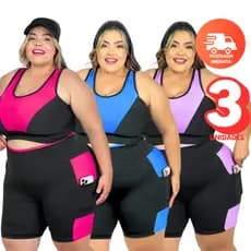 Kit 3 Conjuntos Fitness Plus Size 40 ao 54 Top + Short com Bolso Curves feminino