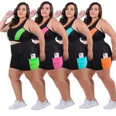 Kit 4 Conjuntos Fitness Feminino Top + Short c/ bolso Plus size G ao EXGG (40 ao 54) Modelo Curves