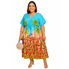 Vestido Viscolinho Plus Size LANÇAMENTO Barrado Soltinho, Acinturado e Confortável até o Tamanho 58