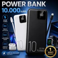 Carregador Portatil Power Bank Turbo 10000mah 2 Cabos Embutidos iPhone Tipo C Universal 22.5W Turbo