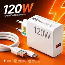 Carregador 120w Turbo Xiaomi Redmi Android Original Fonte Rápida Com Cabo Tipo C Para Lightning