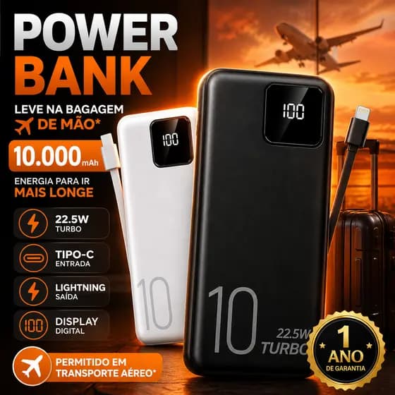 Power Bank Turbo Carregador Portatil 10000mah Potente Viagem Aviao iPhone Samsung Tipo C 22.5W