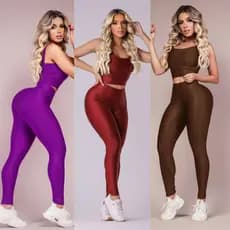 Kit 3 Conjuntos Fitness Feminino Legging Academia Cintura Alta Sem Transparência Top Duplo Treino Academia