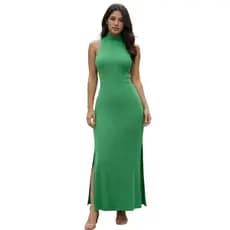 Vestido Longo com Racha e Gola Alta Feminino Moda Evangélica Canelado