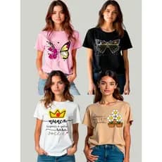 Kit 4 T-shirt Feminina Blusa Baby Look Camiseta Blusinha Algodão Curve e Plus Size