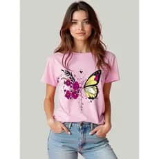 T-shirt Feminina Rosa Baby Look Camiseta Blusinha Algodão Curve e Plus Size