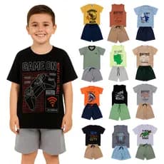 Kit 10 Peças de Roupa Masculino Infantil Menino 5 Conjuntos Verão Bermuda, Camisa ou Regata de Malha