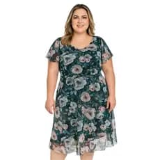 Vestido Midi Feminino Tule Floral Mangas Curtas e Decote V