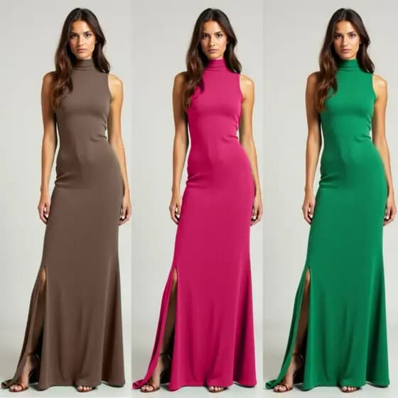 Kit 3 Vestidos Longos com Racha e Gola Alta Feminino Moda Evangélica Canelado