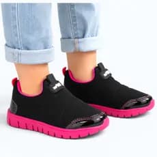 Tênis Infantil Feminino Slip On Calce Fácil Preto Pink Escolar Leve Confortável Menina