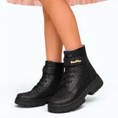 Bota Coturno Infantil Menina Glitter Preto Cano Médio Tratorado Velcro Confortável