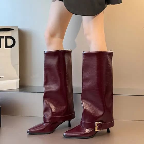 Botas Femininas Bico Fino Salto Fino Slip-On Moda Botas Longas Salto Alto Tamanho Grande 35-42