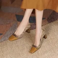 Sapatos de salto alto femininos com bico quadrado e salto grosso, sapatos de moda em tecido