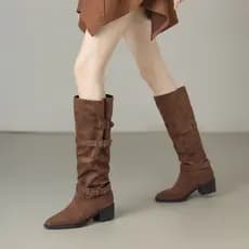 Botas femininas dedo do pé apontado salto grosso camurça moda botas manga cavaleiro botas
