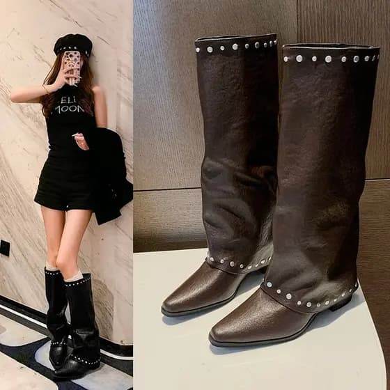 [ tamanho 35-42 ] Botas de moda com bico fino, salto grosso, cano reto, botas de montaria femininas de salto médio