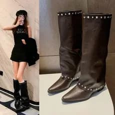 [ tamanho 35-42 ] Botas de moda com bico fino, salto grosso, cano reto, botas de montaria femininas de salto médio
