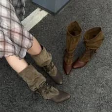 Botas de moda, camurça, bico fino, salto grosso, botas western de calçar, botas femininas de cano médio.