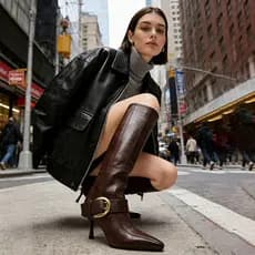[ tamanho 35-42 ] Botas de moda, botas de cavaleiro de salto alto com bico fino e zíper lateral, salto fino, botas longa