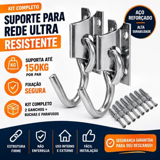 Kit de Gancho para Rede Descanso Aço Reforçado Alta Resistência 150kg Fácil Instalação