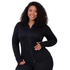 Jaqueta PLUS SIZE Fitness Feminina Esportiva Dry Fit Academia. Bolso e Capuz.  Proteção Solar UV50. Encaixe de Polegar