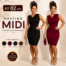 Kit 02 Vestidos Midi Feminino Anarruga Premium Drapeado Tubinho Moda Gola Boba Zero transparência