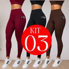 Kit 03 Calças Legging Feminina Fitness Suplex Cintura Alta Bolso Lateral Zero Transparência Cós Duplo