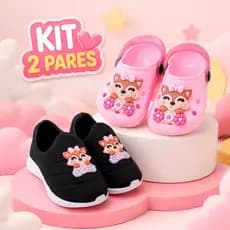 Kit Infantil Menina Tênis Calce Fácil + Babuche Emborrachado Raposa Casual Escolar Promoção