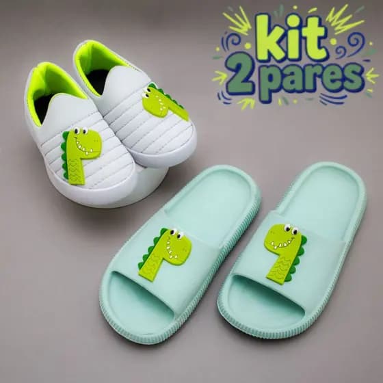 Kit 2 Pares Tênis Dino + Chinelo Infantil Confortável Menino Infantil Promoção Envio Rapido