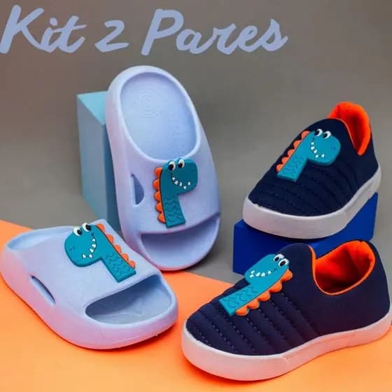 Kit Menino Tênis Calce Fácil Chinelo Nuvem Slide Dino Infantil Confortável Escolar Casual Pomoção