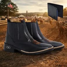 Botina Country Masculina – Texana Bico Quadrado Bordado Estilo Western Delegado Couro Cano Curto