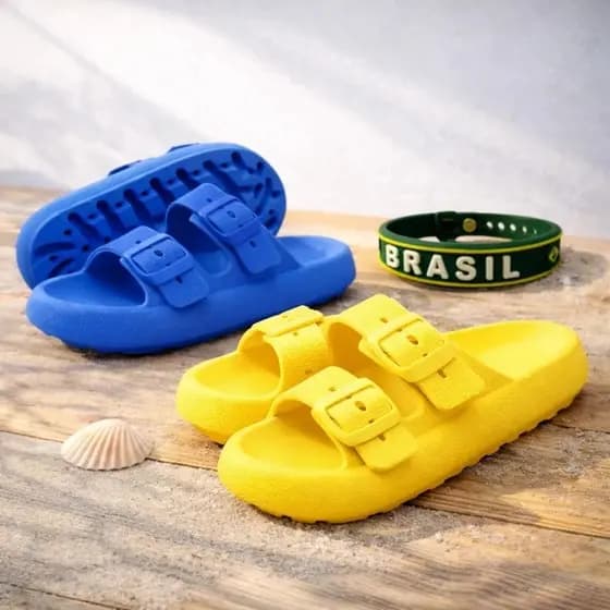 Kit 2 Chinelos Com Pulseira Sandalia Birken Papete Baixo Slide Duas Fivelas Moderna Ortopédica Copa Brasil