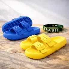 Kit 2 Chinelos Com Pulseira Sandalia Birken Papete Baixo Slide Duas Fivelas Moderna Ortopédica Copa Brasil