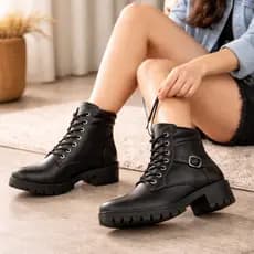 Bota Feminina Cano Curto Com Ziper Country Salto Medio Bloco Confortavel
