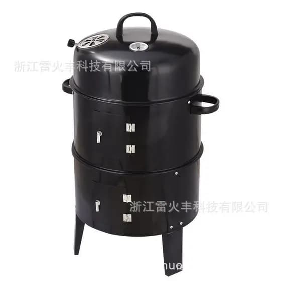 Defumador preto três em um para pátio externo, forno de cozimento, churrasqueira, defumador redondo, churrasqueira a car