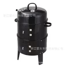 Defumador preto três em um para pátio externo, forno de cozimento, churrasqueira, defumador redondo, churrasqueira a car