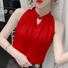 [24 Hour Shipping] Blusa vermelha Chiffon sem mangas Camisa vermelha Chiffon Camisa feminina solta Camisole Novo Colete