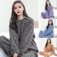 Conjunto De Pijama De Pelúcia Macio Salão Feminino 2 Peças Lã Macia Pulôver Lounge Pijamas Quente Com Nervuras Longo
