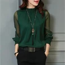 Primavera Venda Quente Da Temporada Rendas Chiffon Topo Plus Size Malha Feminina Plissado Bainha Gola Manga Longa Base C