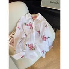 Camisa Fina De Manga Comprida Com Gola Polo Floral Doce Estilo Suave Francês