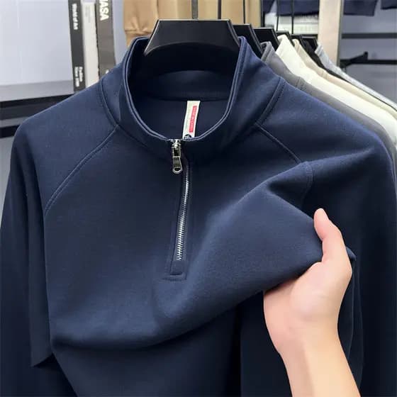 Algodão Meio Zíper Gola Alta Moletom De Manga Comprida Para Outono E Inverno Estilo Esportivo Casual Base De Cor Sólida