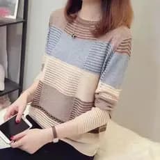 Estilo Coreano Feminino Solto Listrado Malha O-Pescoço Casual Fino Camisa De Manga Longa Blusa Nova