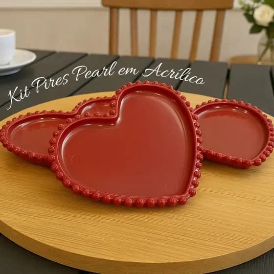 KIT COM 06 PIRES CORAÇÃO MODELO PEARL EM ACRÍLICO VERMELHO