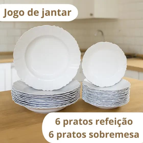JOGO DE JANTAR 12 PEÇAS -6 PRATOS PÉTALA REFEIÇÃO E 6 PRATOS SOBREMESA, PLASTICO RESISTENTE BRANCO