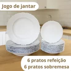 JOGO DE JANTAR 12 PEÇAS -6 PRATOS PÉTALA REFEIÇÃO E 6 PRATOS SOBREMESA, PLASTICO RESISTENTE BRANCO