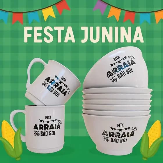 KIT FESTA JUNINA - 6 CANECAS 400ML + 6 CUMBUCAS 650ML, BRANCAS, DE PLÁSTICO RESISTENTE, FESTA