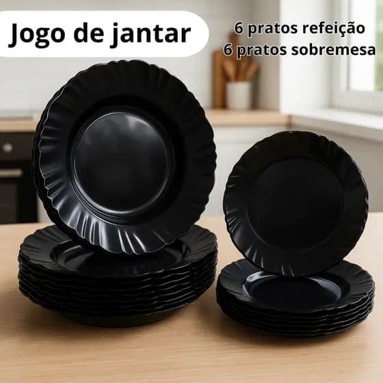 JOGO DE JANTAR 12 PEÇAS -6 PRATOS PÉTALA REFEIÇÃO E 6 PRATOS SOBREMESA, PLASTICO RESISTENTE PRETO